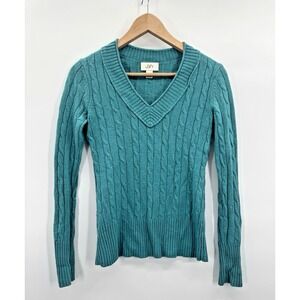 VTG Y2K Loft XS Sweater V-Neck Cable knit Pullover Fisherman Preppy Tenniscore